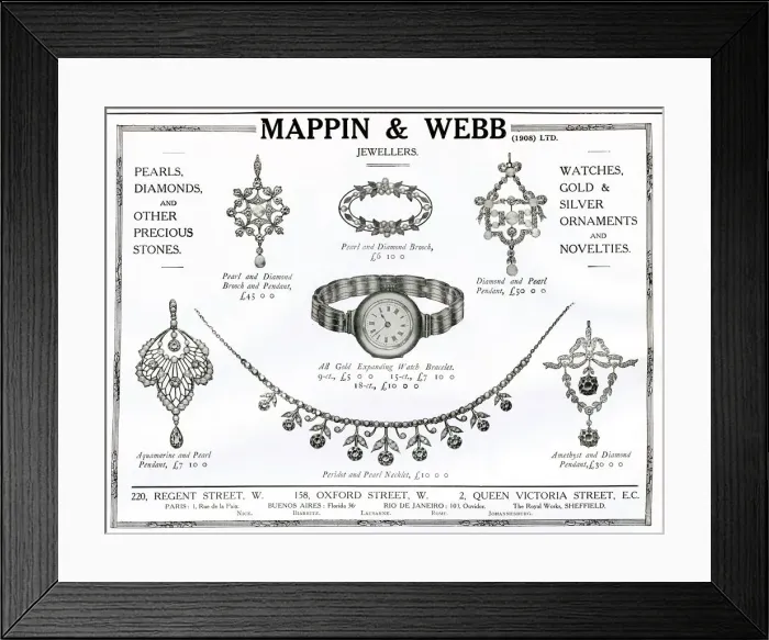 Framed Print : Advert for Mappin & Webb pearl and diamond jewellery 1912 Framed Print : Advert for Mappin & Webb pearl and diamond jewellery 1912