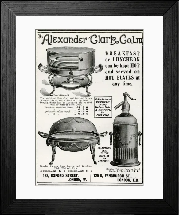 Framed Print : Advert for Alexander Clark, hot plate & soup tureen 1912 Framed Print : Advert for Alexander Clark, hot plate & soup tureen 1912