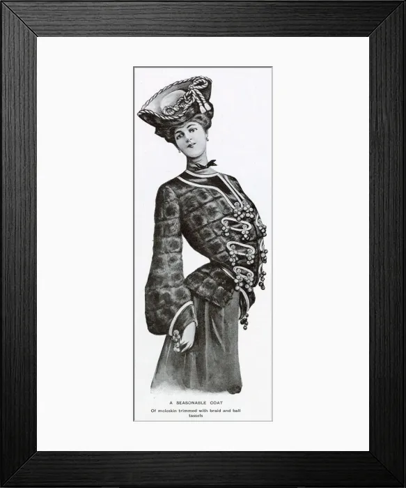 Framed Print : A women wearing a seasonable jacket for winter, with moleskin trimmed with braid