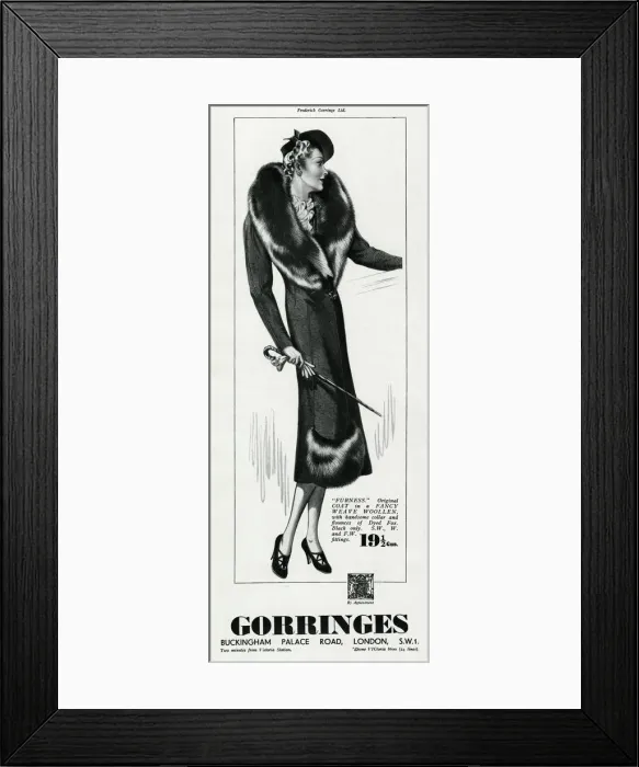 Framed Print : Advert for Gorringes womens dyed fox collar coat 1937 Framed Print : Advert for Gorringes womens dyed fox collar coat 1937