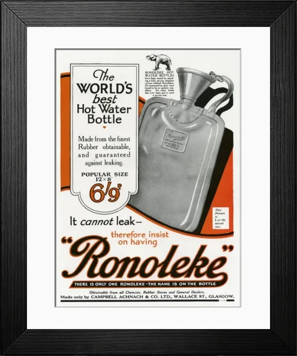 Framed Print : Advert for Ronoleke hot water bottle Framed Print : Advert for Ronoleke hot water bottle