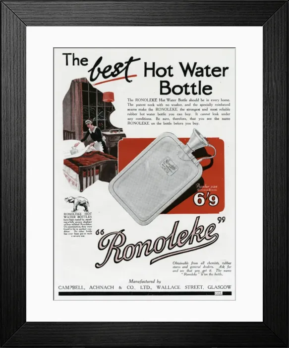 Framed Print : Advert for Ronoleke hot water bottle Framed Print : Advert for Ronoleke hot water bottle