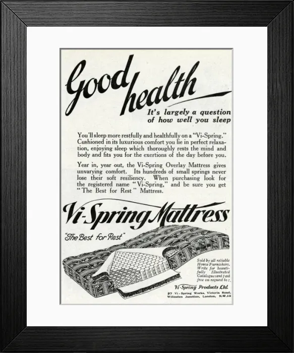 Framed Print : Advert for Vi-spring Mattress 1931 Framed Print : Advert for Vi-spring Mattress 1931