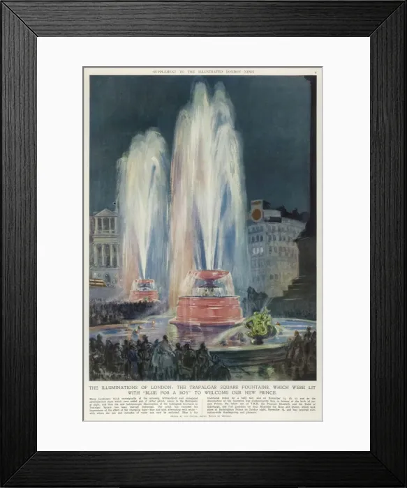 Framed Print : Fountains of Trafalgar Square lit with blue to welcome birth