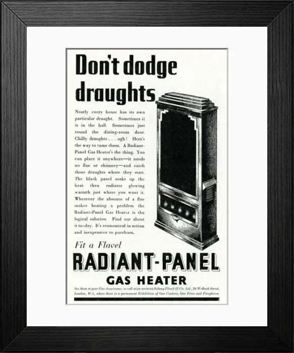 Framed Print : Advert for Flavel radiant-panel gas heater 1938 Framed Print : Advert for Flavel radiant-panel gas heater 1938