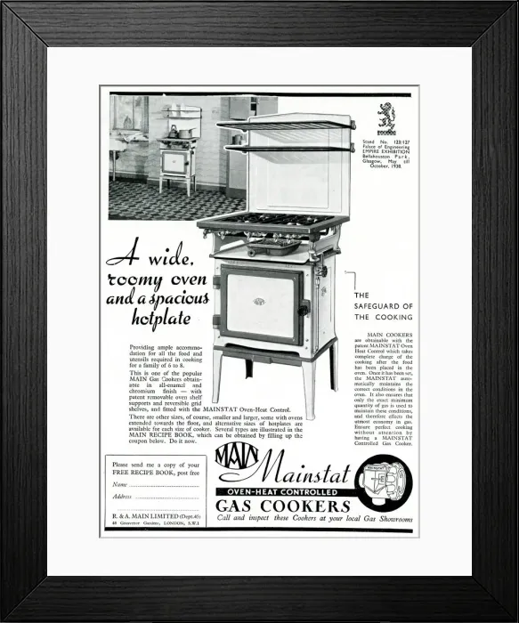 Framed Print : Advert for Main Mainstat gas cookers 1938 Framed Print : Advert for Main Mainstat gas cookers 1938