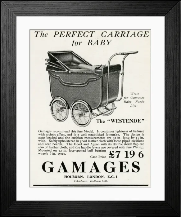 Framed Print : Advert for Gamages baby carriage 1930 Framed Print : Advert for Gamages baby carriage 1930
