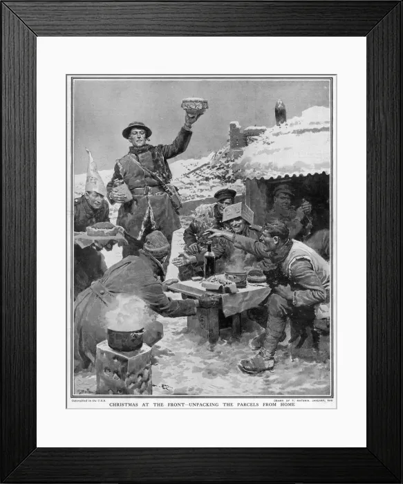 Framed Print : Christmas at the Front - Unpacking the Parcels from Home Framed Print : Christmas at the Front - Unpacking the Parcels from Home