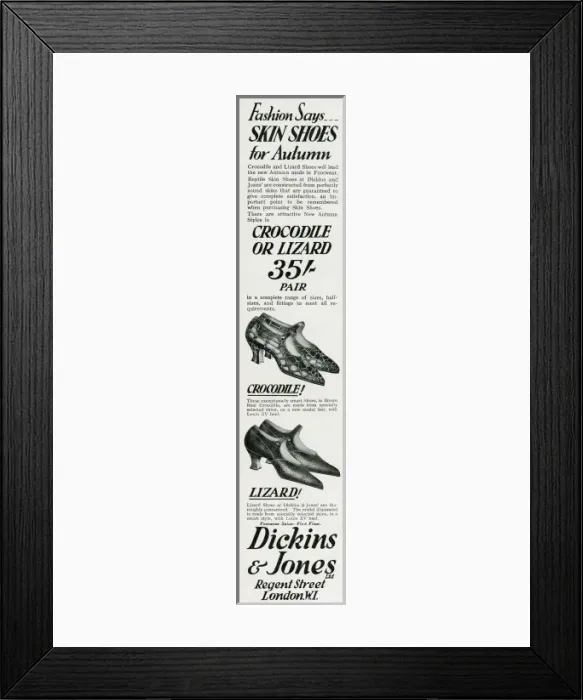 Framed Print : Advert for Dickins & Jones crocodile and lizard womens shoes Framed Print : Advert for Dickins & Jones crocodile and lizard womens shoes