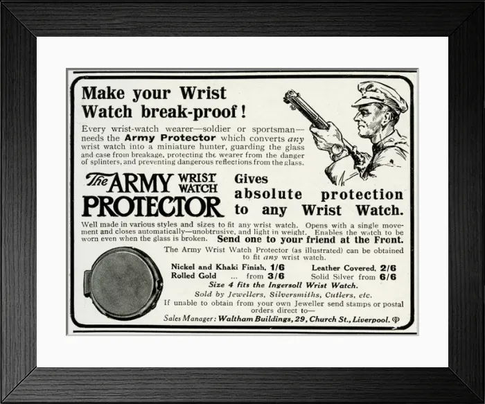 Framed Print : Advert for the Army wrist watch protector 1916