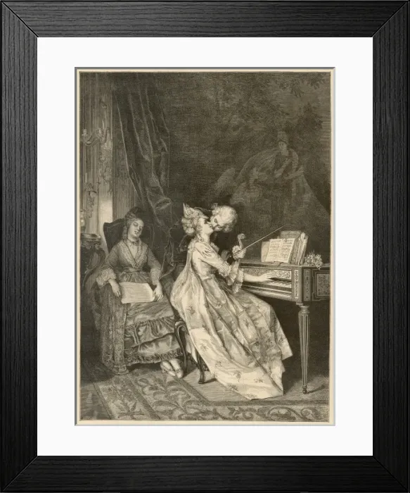 Framed Print : The Duet. A violinist kisses a woman at the piano while their chaperone is sleeping Framed Print : The Duet. A violinist kisses a woman at the piano while their chaperone is sleeping