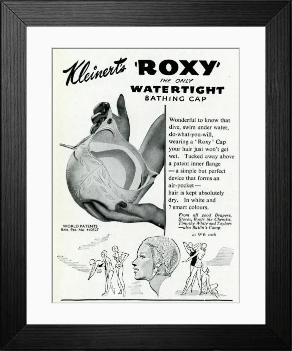 Framed Print : Advert for Kleinerts Roxy watertight bathing caps 1948 Framed Print : Advert for Kleinerts Roxy watertight bathing caps 1948