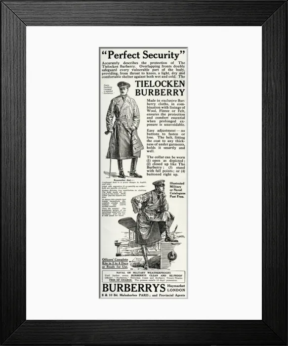 Framed Print : Advert for Burberrys tielocken trench coats 1916 Framed Print : Advert for Burberrys tielocken trench coats 1916
