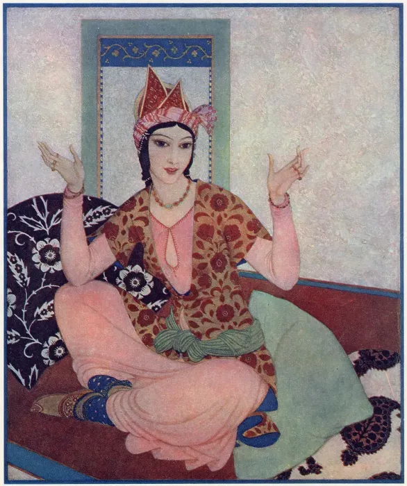 Framed Print : 1 of 4 illustrations by Edmund Dulac in The Sketch depicting characters from the Arabian Nights'. Scheherazade, the narrator of the thousand and one tales. Date: 1926 Framed Print : 1 of 4 illustrations by Edmund Dulac in The Sketch depicting characters from the Arabian Nights'. Scheherazade, the narrator of the thousand and one tales. Date: 1926