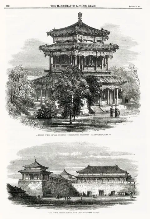 Framed Print : (above) A portion of the Emperor of China's Summer Palace, near Pekin (Peking - modern-day Beijing) and (below) part of the Imperial Palace at Pekin. Date: 1861 Framed Print : (above) A portion of the Emperor of China's Summer Palace, near Pekin (Peking - modern-day Beijing) and (below) part of the Imperial Palace at Pekin. Date: 1861
