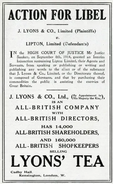 Framed Print : Action for Libel, Lyons v Lipton, WW1 Framed Print : Action for Libel, Lyons v Lipton, WW1