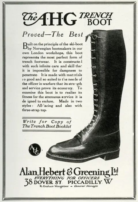Framed Print : Advert for Alan Hebert & Greening trench boots 1916 Framed Print : Advert for Alan Hebert & Greening trench boots 1916
