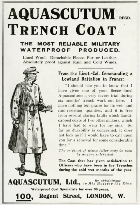 Framed Print : Advert for Aquascutum waterproof military coats 1916 Framed Print : Advert for Aquascutum waterproof military coats 1916