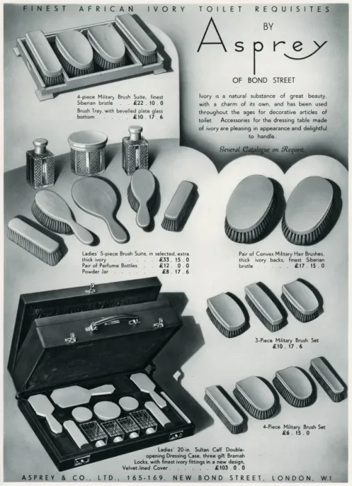 Framed Print : Advert for Asprey ivory toilet requisites 1938 Framed Print : Advert for Asprey ivory toilet requisites 1938