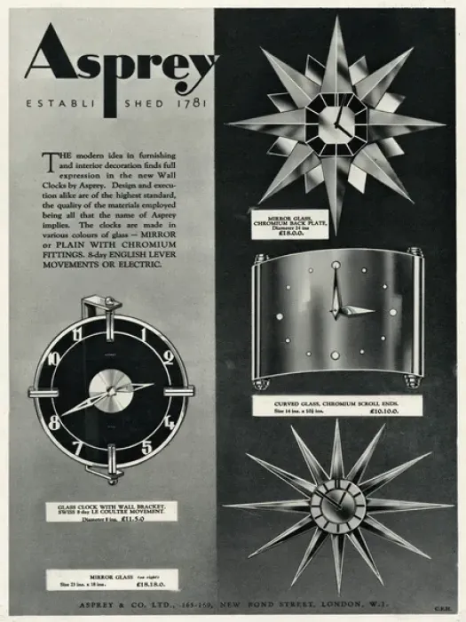 Framed Print : Advert for Asprey sunburst clocks 1934