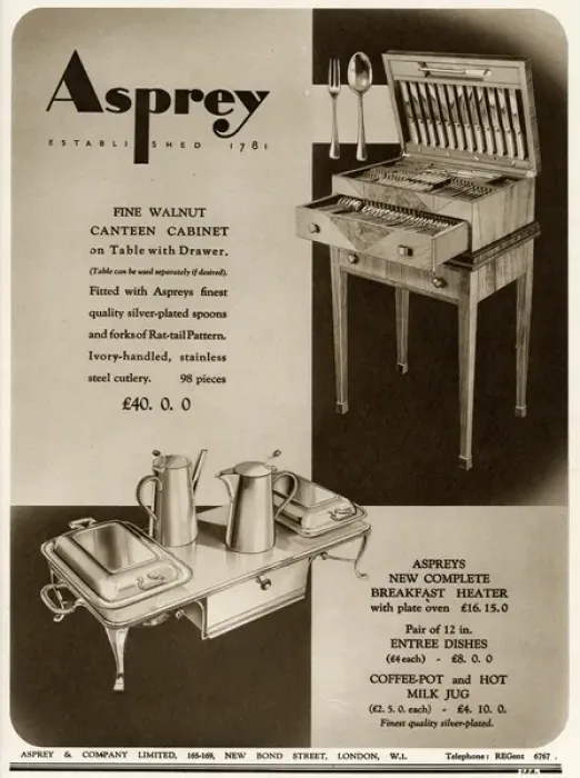 Framed Print : Advert for Asprey walnut cutlery cabinet & breakfast heater Framed Print : Advert for Asprey walnut cutlery cabinet & breakfast heater