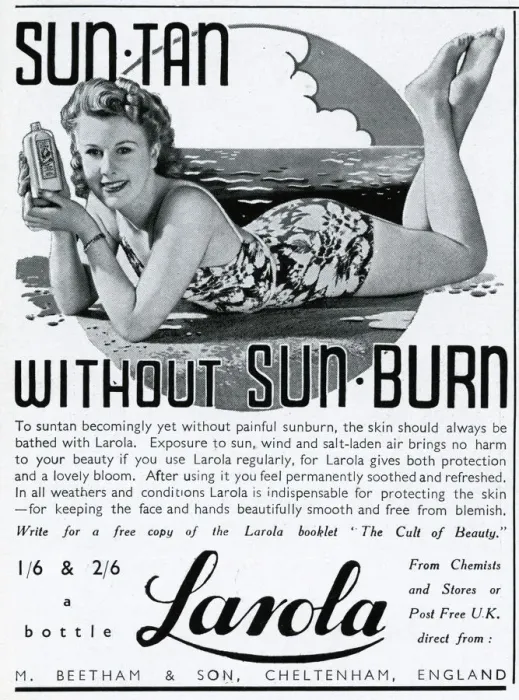 Framed Print : Advert for Beetham Larola suntan lotion 1940