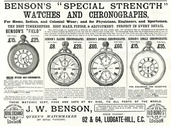 Framed Print : Advert for Bensons pocket watches with roman numerals 1888 Framed Print : Advert for Bensons pocket watches with roman numerals 1888