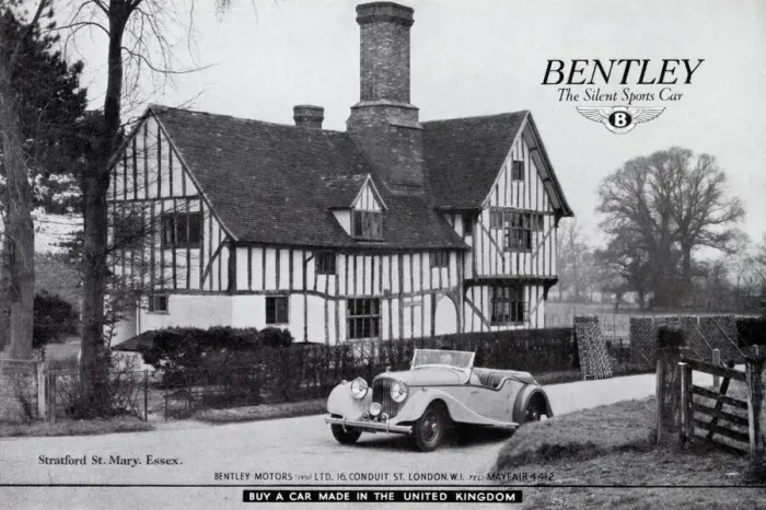 Rights Managed : Advert for Bentley, the Silent Sports Car, featuring a Bentley motor car in front of a Rights Managed : Advert for Bentley, the Silent Sports Car, featuring a Bentley motor car in front of a