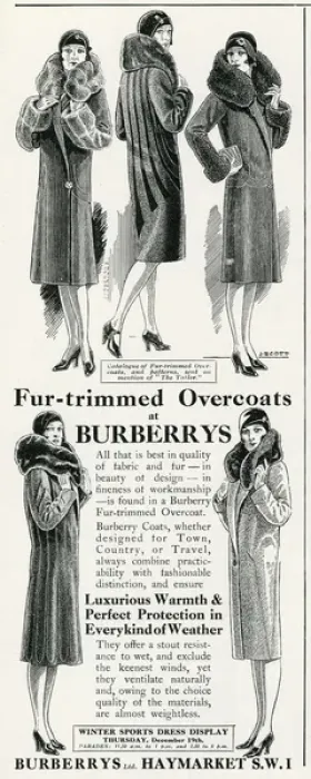 Framed Print : Advert for Burberry fur trimmed overcoats 1929 Framed Print : Advert for Burberry fur trimmed overcoats 1929