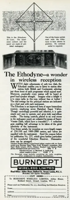 Framed Print : Advert for Burndept - Ethodyne wireless 1925