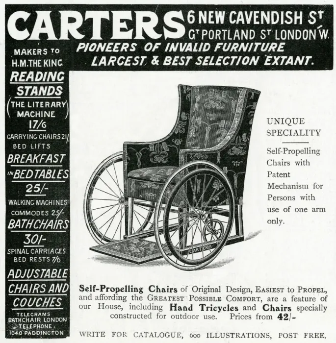 Framed Print : Advert for Carters, self propelling wheelchair 1906 Framed Print : Advert for Carters, self propelling wheelchair 1906