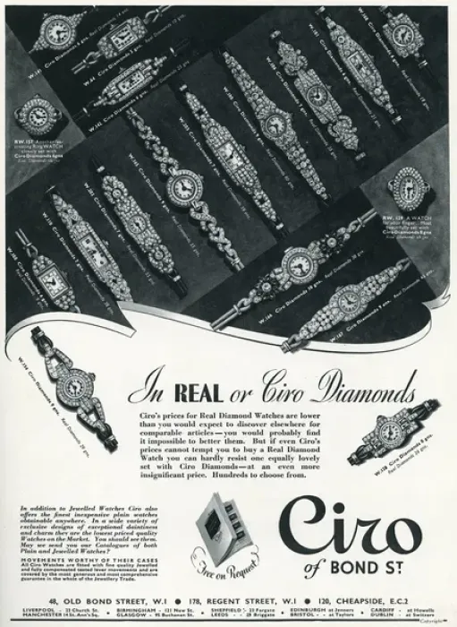 Framed Print : Advert for Ciro ladies diamond wristwatches 1937 Framed Print : Advert for Ciro ladies diamond wristwatches 1937