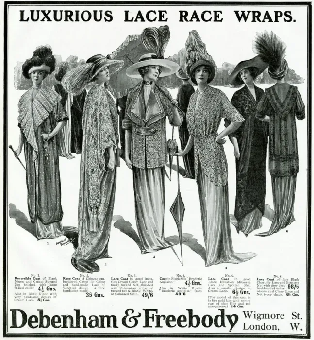 Framed Print : Advert for Debenham & Freebody lace race wraps 1912 Framed Print : Advert for Debenham & Freebody lace race wraps 1912
