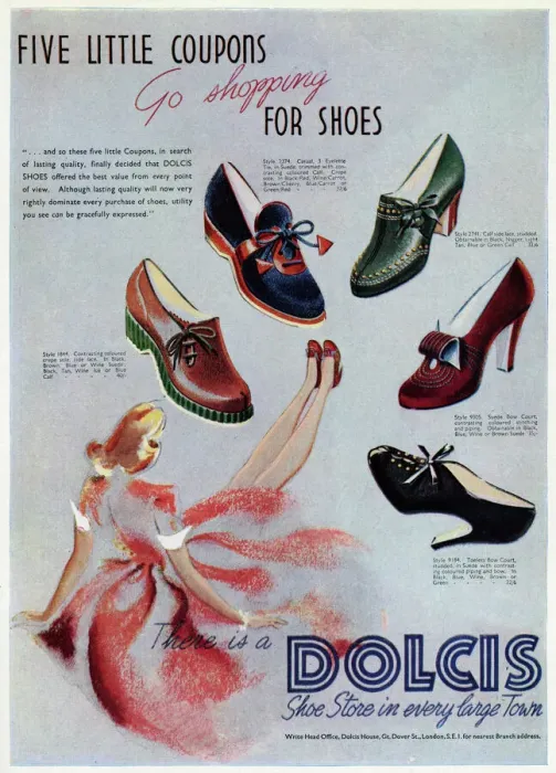 Framed Print : Advert for Dolcis shoes, shopping with five coupons 1941