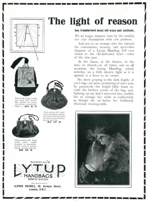 Framed Print : Advert for Dunhills Lytup Handbags 1923 Framed Print : Advert for Dunhills Lytup Handbags 1923