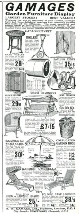Framed Print : Advert for Gamages garden furniture 1926 Framed Print : Advert for Gamages garden furniture 1926