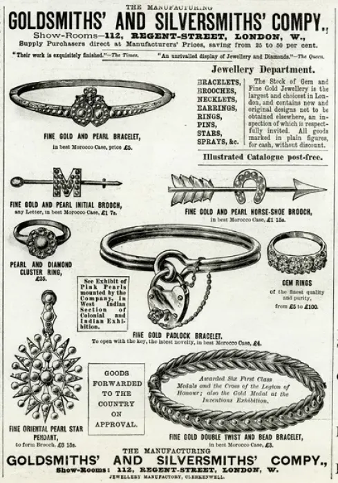 Framed Print : Advert for Goldsmiths & Silversmiths jewellery 1886