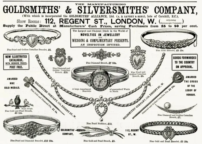 Framed Print : Advert for Goldsmiths & Silversmiths jewellery 1894 Framed Print : Advert for Goldsmiths & Silversmiths jewellery 1894
