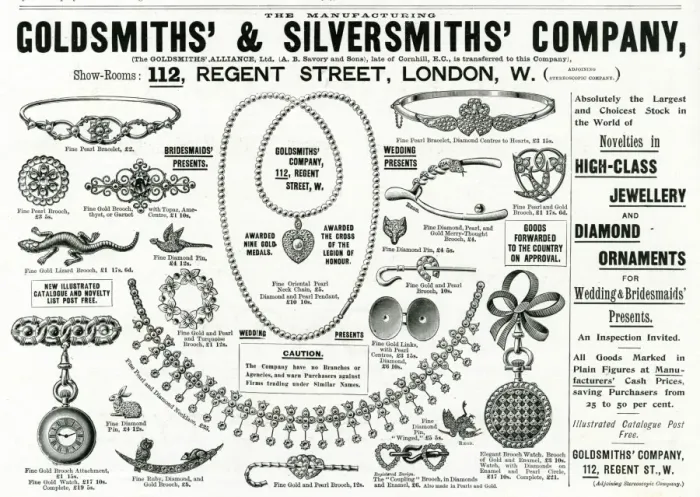 Framed Print : Advert for Goldsmiths & Silversmiths novelty jewelley 1896 Framed Print : Advert for Goldsmiths & Silversmiths novelty jewelley 1896