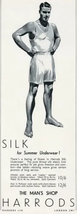 Framed Print : Advert for Harrods mens silk underwear 1940 Framed Print : Advert for Harrods mens silk underwear 1940