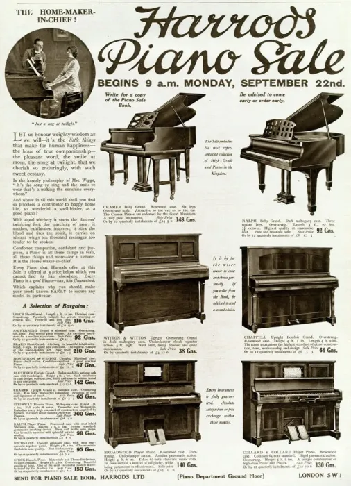 Framed Print : Advert for Harrods piano sale 1919