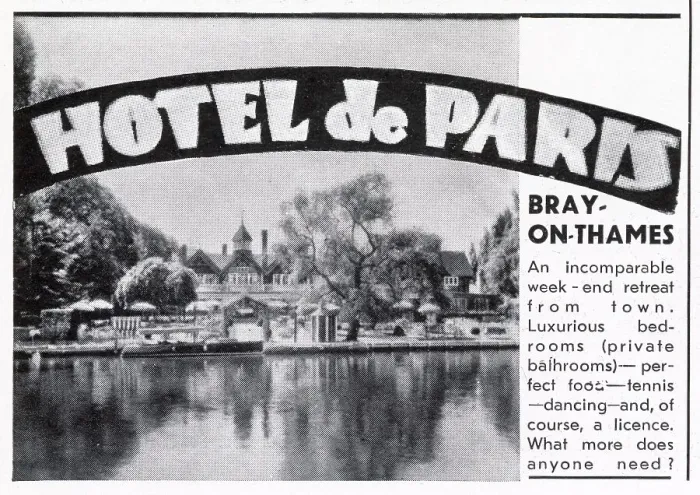 Framed Print : Advertisement for the Hotel de Paris at Bray, a riverside resort / country club offering all kinds of delights including dining and dancing on the lawns sloping down to the river Thames. Date: 1939 Framed Print : Advertisement for the Hotel de Paris at Bray, a riverside resort / country club offering all kinds of delights including dining and dancing on the lawns sloping down to the river Thames. Date: 1939