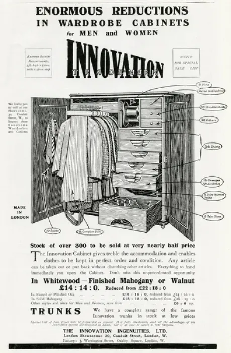 Framed Print : Advert for Innovation Ingenuities wardrobe cabinets 1915 Framed Print : Advert for Innovation Ingenuities wardrobe cabinets 1915