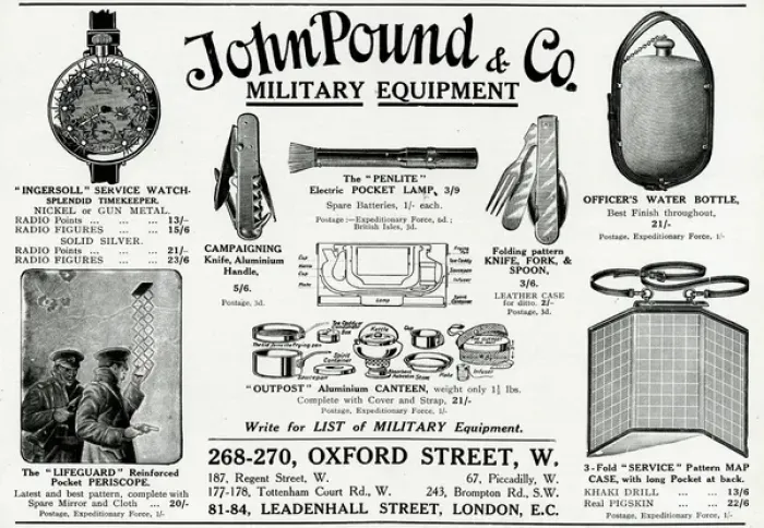 Framed Print : Advert for John Pound & Co military equipment 1915 Framed Print : Advert for John Pound & Co military equipment 1915