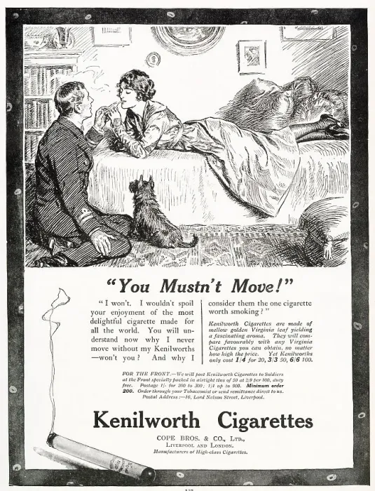 Framed Print : Advertisement for Kenilworth cigarettes showing a two lovers sharing a light from a cigarette. Date: 1919 Framed Print : Advertisement for Kenilworth cigarettes showing a two lovers sharing a light from a cigarette. Date: 1919
