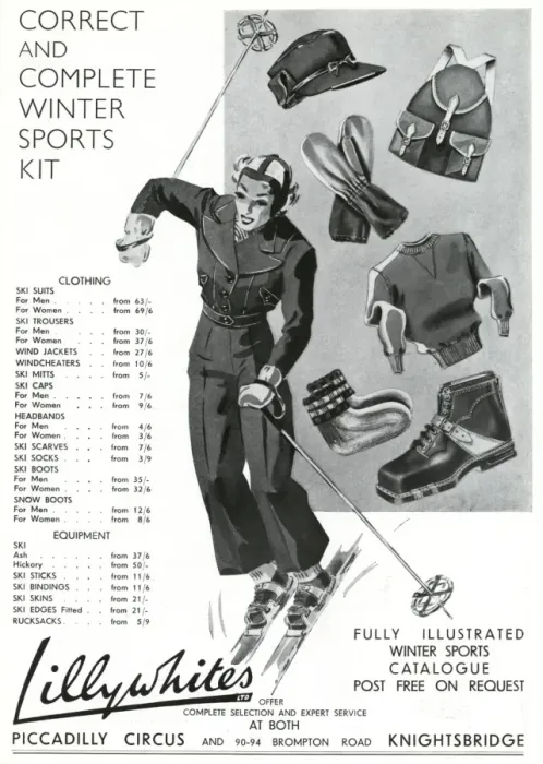 Framed Print : Advert for Lillywhites skiing clothing & accessories 1937 Framed Print : Advert for Lillywhites skiing clothing & accessories 1937