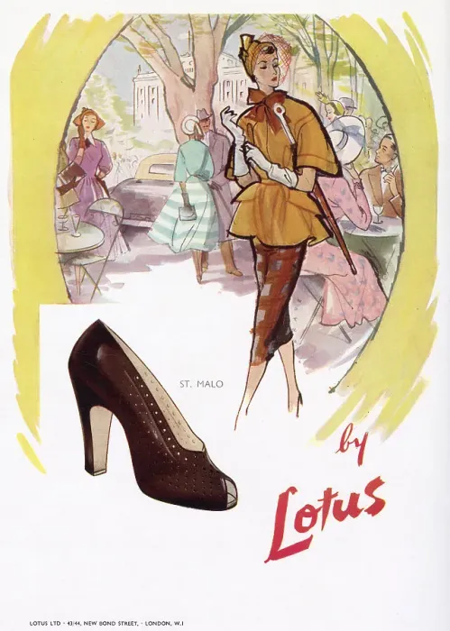 Framed Print : Advertisement for Lotus, open-toe heeled shoes. Date: 1950