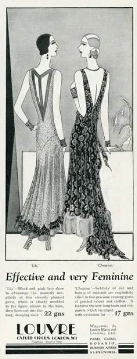 Framed Print : Advert for Louvre evening dresses 1929 Framed Print : Advert for Louvre evening dresses 1929
