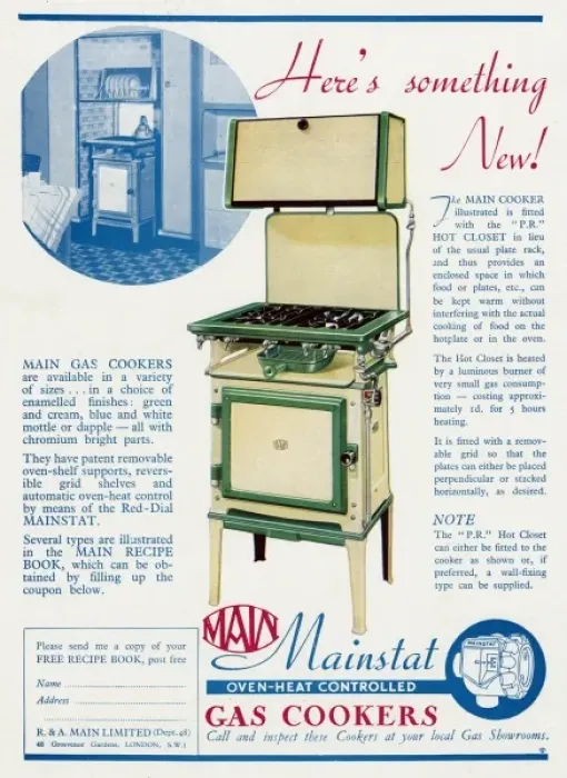 Framed Print : Advert for Main Mainstat gas cookers with hot plate 1938