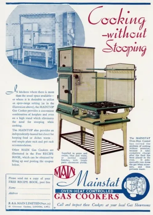 Framed Print : Advert for Main Mainstat gas cookers with no stooping Framed Print : Advert for Main Mainstat gas cookers with no stooping